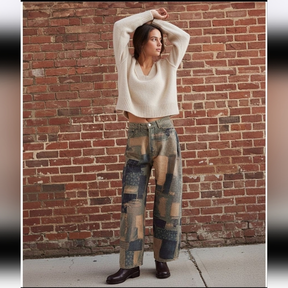 Free People Illusions Patchwork Printed Jeans Barrel Leg Relaxed Indigo 27 NWT